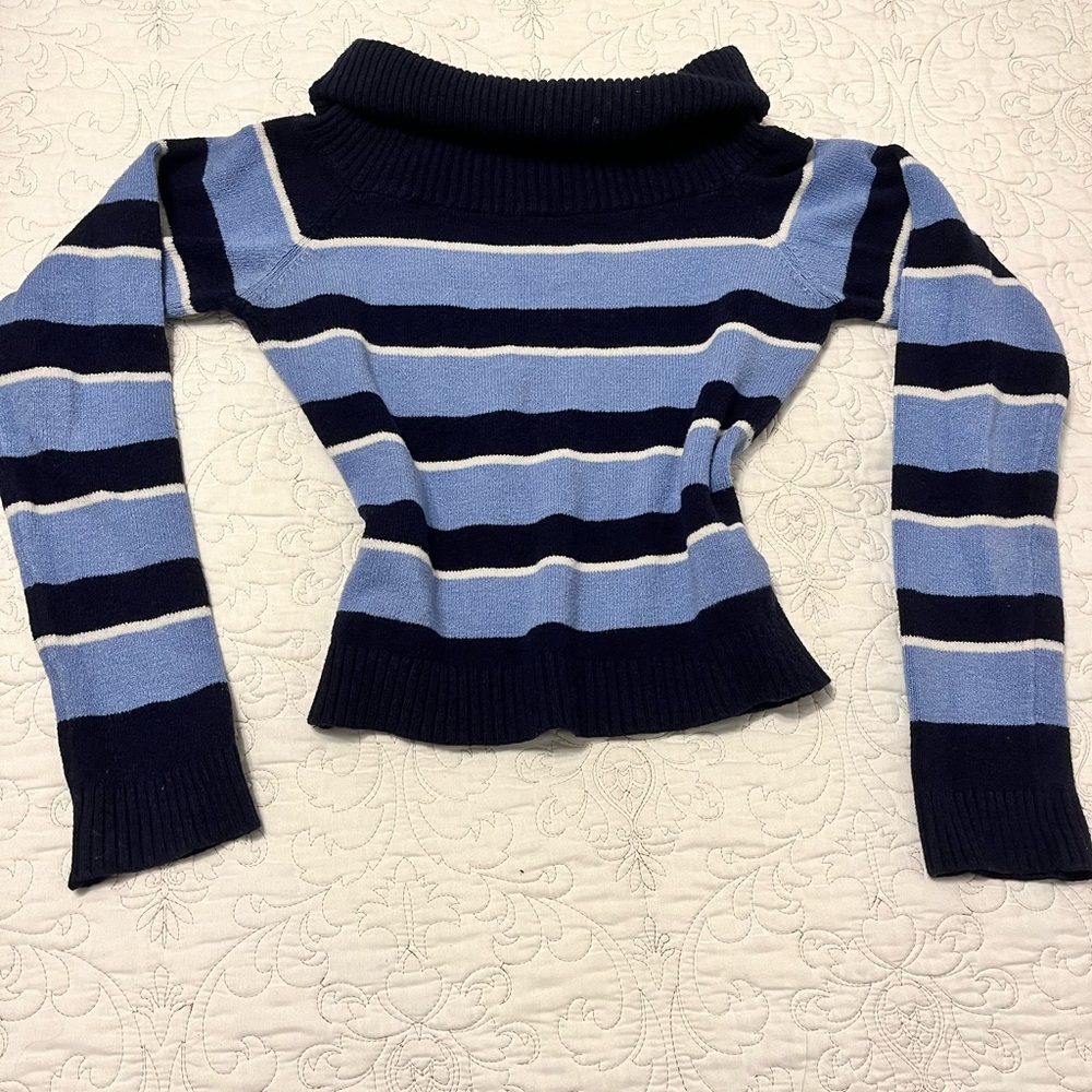 Navy and Light Blue Striped Women's Turtleneck Sweater - Picture 2 of 4